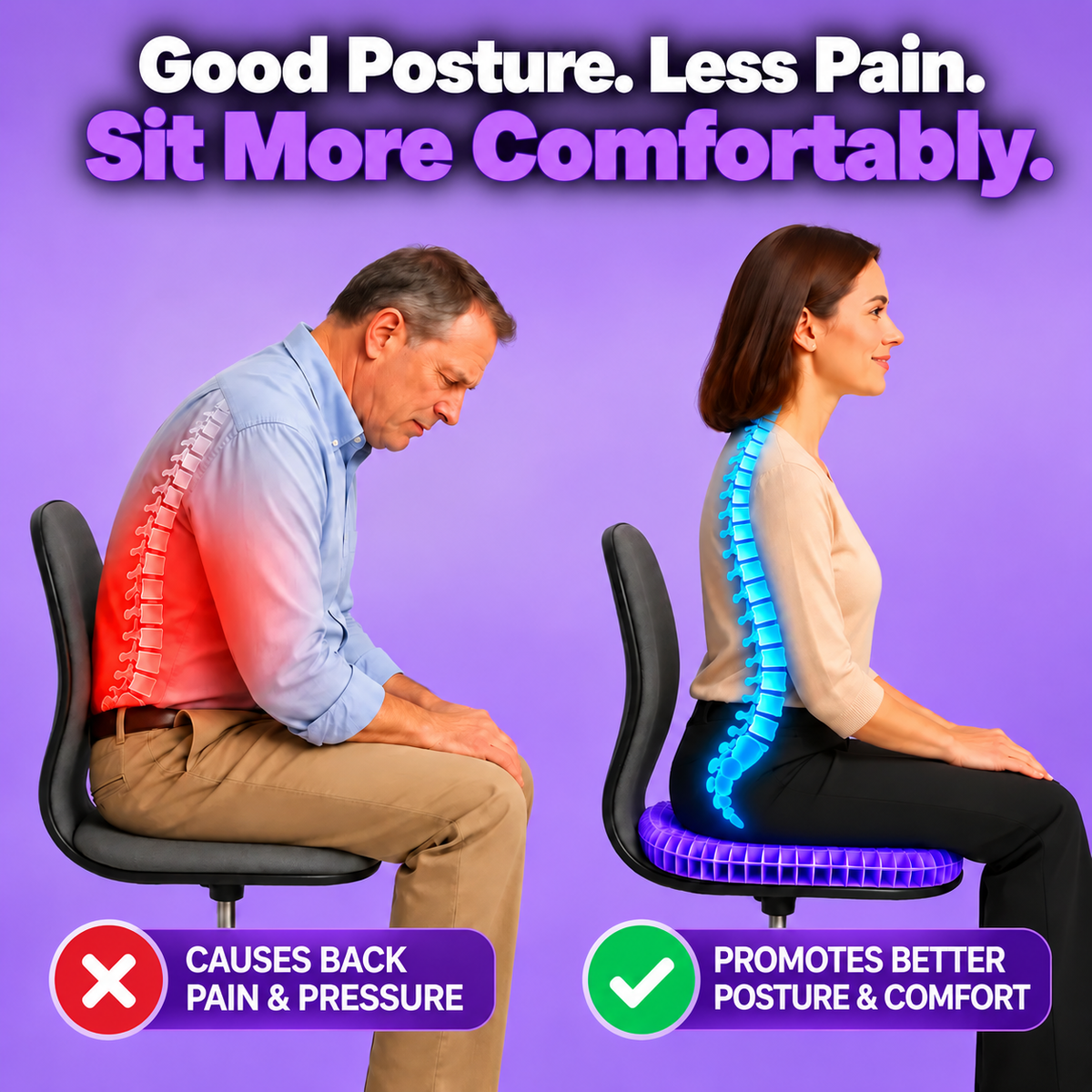 Double Thick Seat Gel Cushion for Back, Hip & Tailbone Pain