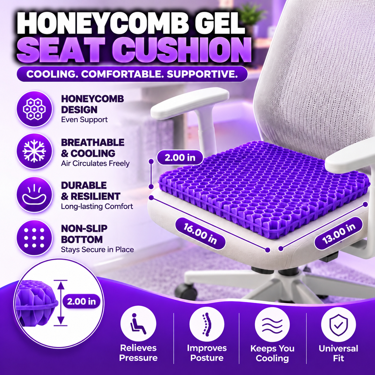 Double Thick Seat Gel Cushion for Back, Hip & Tailbone Pain