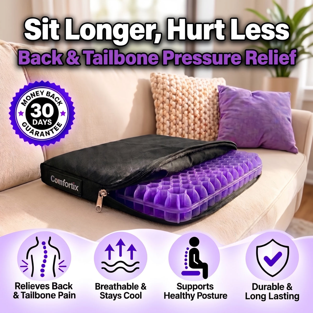 Double Thick Seat Gel Cushion for Back, Hip & Tailbone Pain